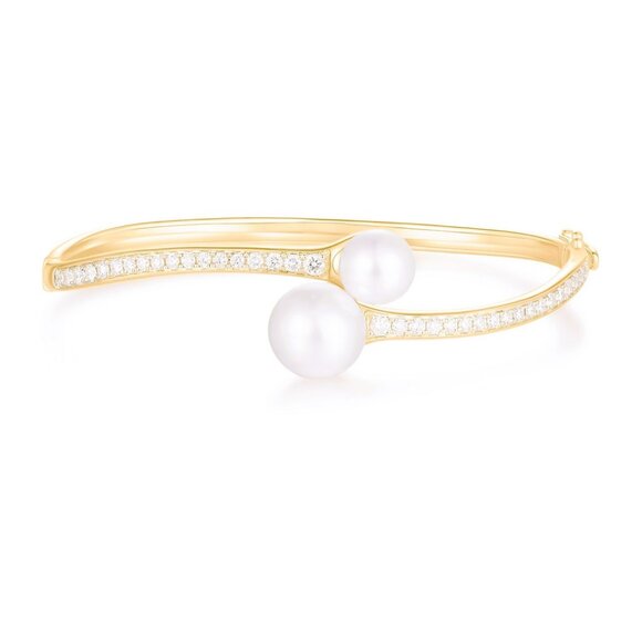 Double Pearl Diamond 14K (or 18K upon request) Yellow Gold Open Bangle Bracelet - Picture 1 of 5